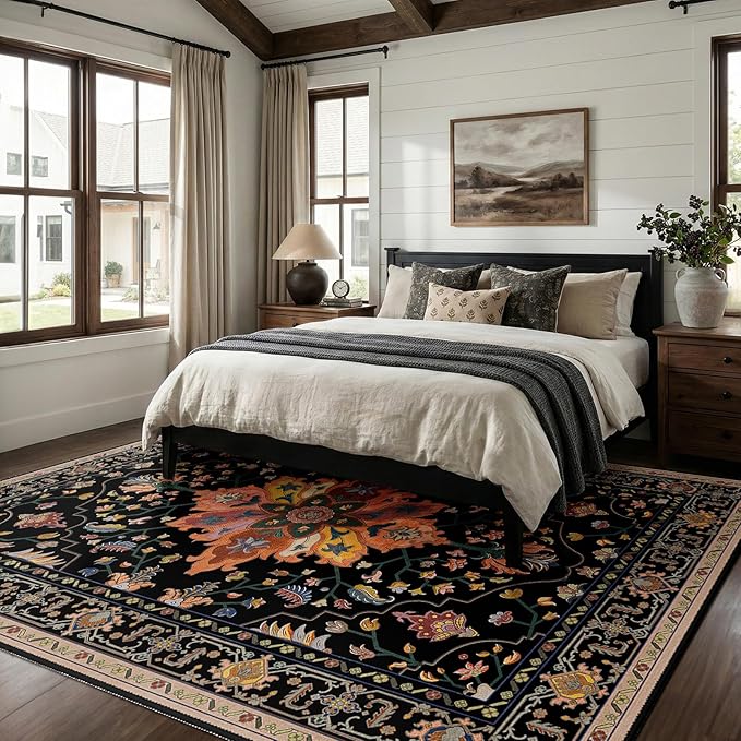 Area Rugs 7'x10' Washable Non-Slip, Floral Vintage Distress Print Pattern Medallion Carpet for Living Room Bedroom Dining Room, Black Colorful Floral Dark Tan
