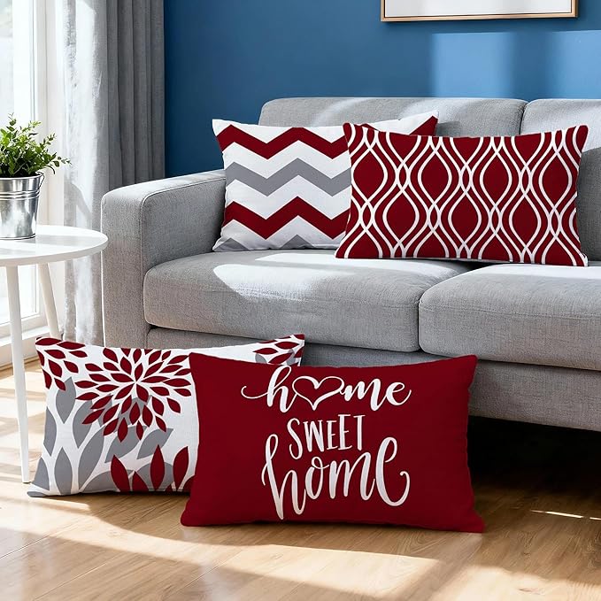Hexagram Geometric Burgundy Pillow Covers 12x20 Set of 4, Decorative Outdoor Boho Modern Throw Pillow Covers, Home Sweet Home Farmhouse Cushion Case for Couch Sofa Bedroom Indoor Decor(No Insert)