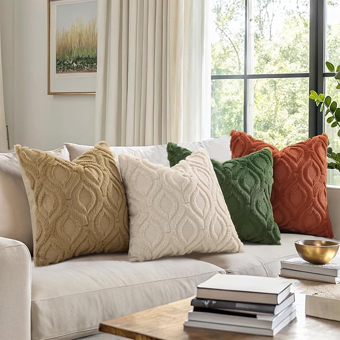 decorUhome Throw Pillow Covers 18x18 Inch Set of 2, Soft Plush Faux Wool Beige Solid Couch Pillow Covers, Accent Farmhouse Neutral Square Pillow Cases for Sofa Bed Living Room