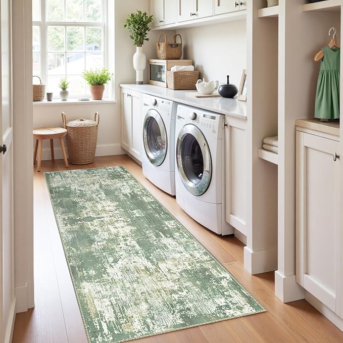 Washable Area Rugs 2'x6' Non-Slip Modern Abstract Soft for Living Room Entryway Bedroom Nursery, Print Pattern, Light Green/Yellow