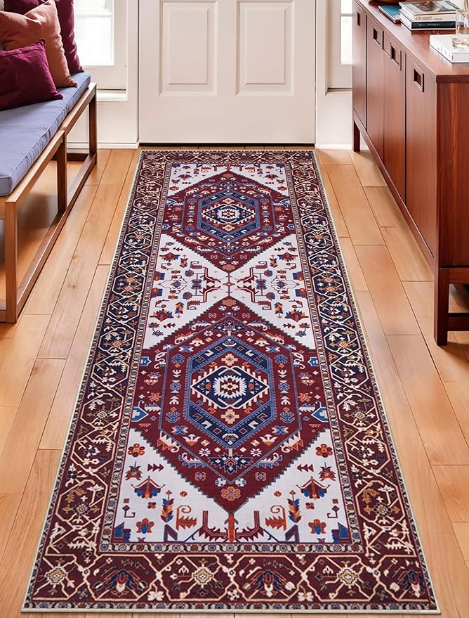 SERISSA Boho Washable Runner Rug, 2x6 Rug Runner Non-Slip Vintage Burgundy Navy Hallway Kitchen Runner Rug Ultra Soft Print Distressed Floor Carpet Runner for Bedroom Bathroom Laundry Living Room