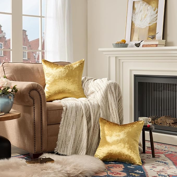 GIGIZAZA Gold Velvet Decorative Throw Pillow Covers,18x18 Pillow Covers for Couch Sofa Bed 2 Pack Soft Cushion Covers