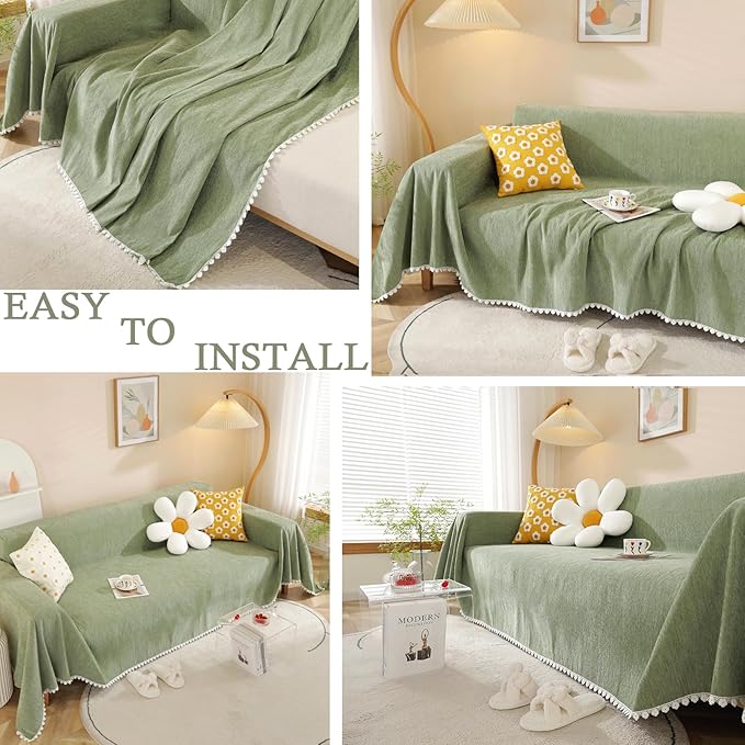 HANDONTIME Couch Cover, Sofa Covers, Sage Couch Cushion Cover Dog Furniture Protector for Living Room Chenille Couch Throw Cover Soft Thick Machine Washable Throw Blankets Sofa Slipcovers, 71" X134"