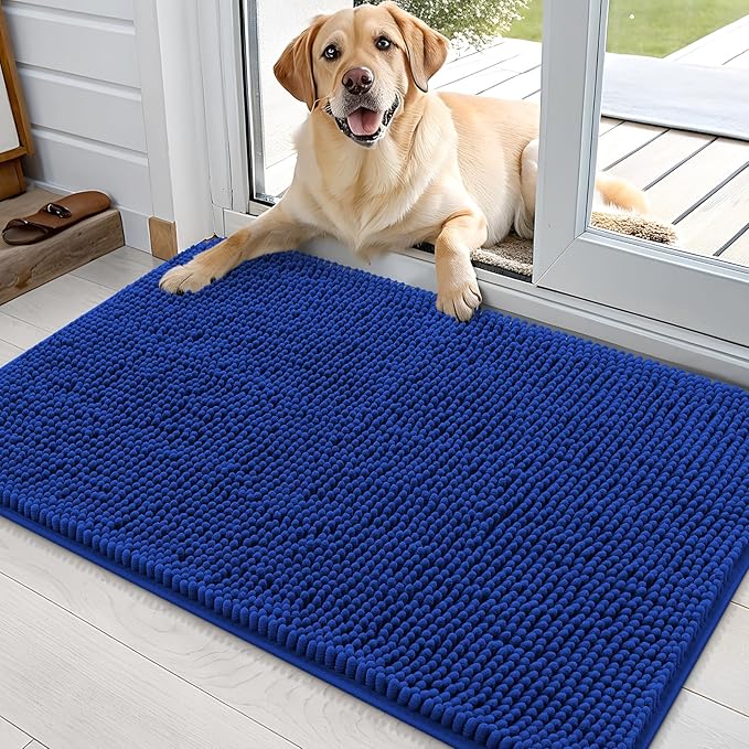 OLANLY Dog Door Mat for Muddy Paws 35x24, Absorbs Moisture and Dirt, Absorbent Non-Slip Washable Doormat, Quick Dry Chenille Mud Mat for Dogs, Entry Indoor Entryway Carpet for Inside Floor, Royal Blue