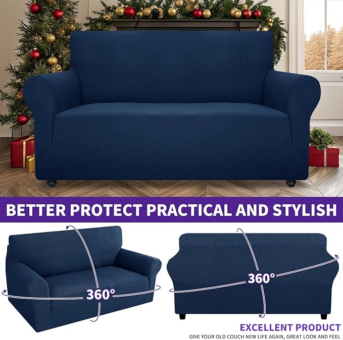 ZNSAYOTX Super Stretch Couch Cover Love Seat Sofa Covers for Living Room Dogs Pet Friendly Furniture Protector Spandex Loveseat Slipcovers with Anti Slip Foam Sticks (Navy Blue, Loveseat)