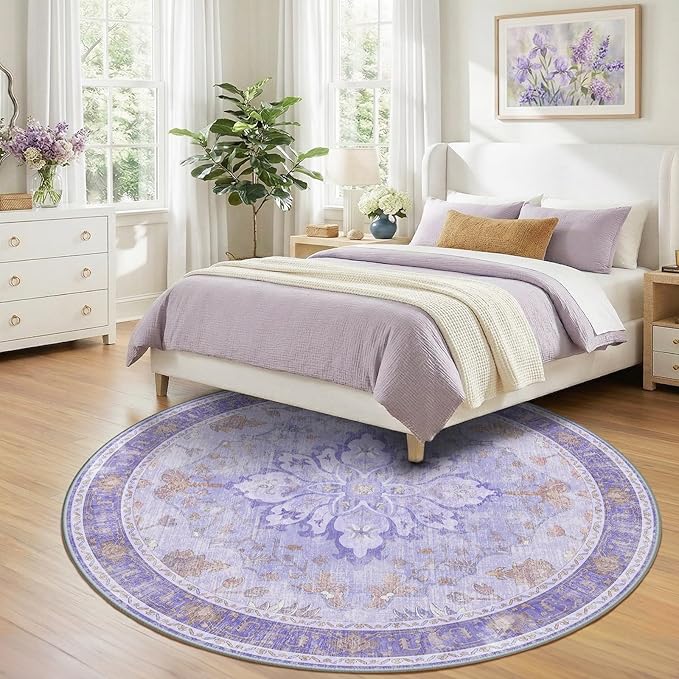 RELEANY Area Rugs 8ft Washable Non-Slip, Floral Vintage Distress Print Pattern Medallion Carpet for Living Room Bedroom Dining Room, Light Purple Brown
