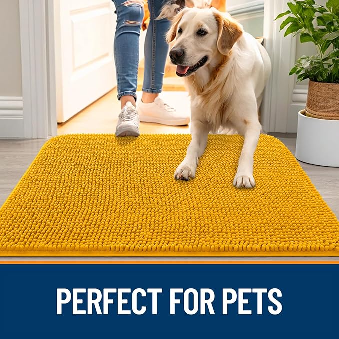 OLANLY Dog Door Mat for Muddy Paws 47x32, Absorbs Moisture and Dirt, Absorbent Non-Slip Washable Doormat, Quick Dry Chenille Mud Mat, Entry Indoor Entryway Carpet for Inside Floor, Golden Yellow