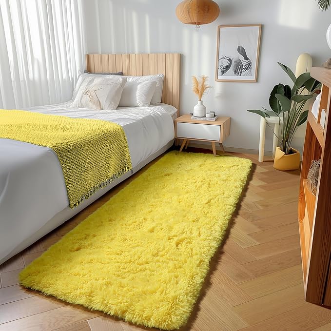 ONASAR Yellow Runner Rugs for Bedroom Living Room, Fluffy 2x6 Bedside Hallway Area Rug, Ultra Soft Plush Furry Faux Fur Non Slip Floor Carpet for Nursery Kids Dorm Closet Home Decor Aesthetic