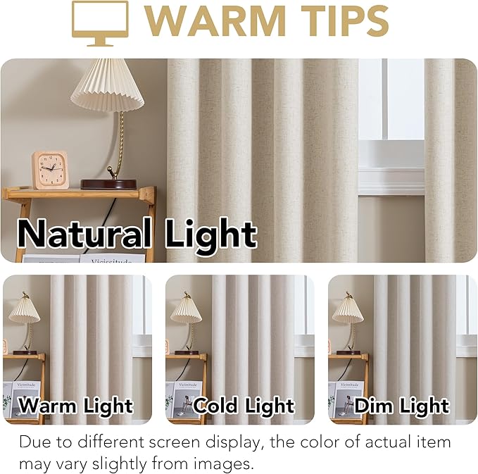 H.VERSAILTEX Linen Curtains 100% Blackout Curtains for Bedroom 84 inch Long Full Light Blocking Nature Linen Blended Window Curtains for Living Room Nickel Grommet (2 Panels, Heathered Linen)