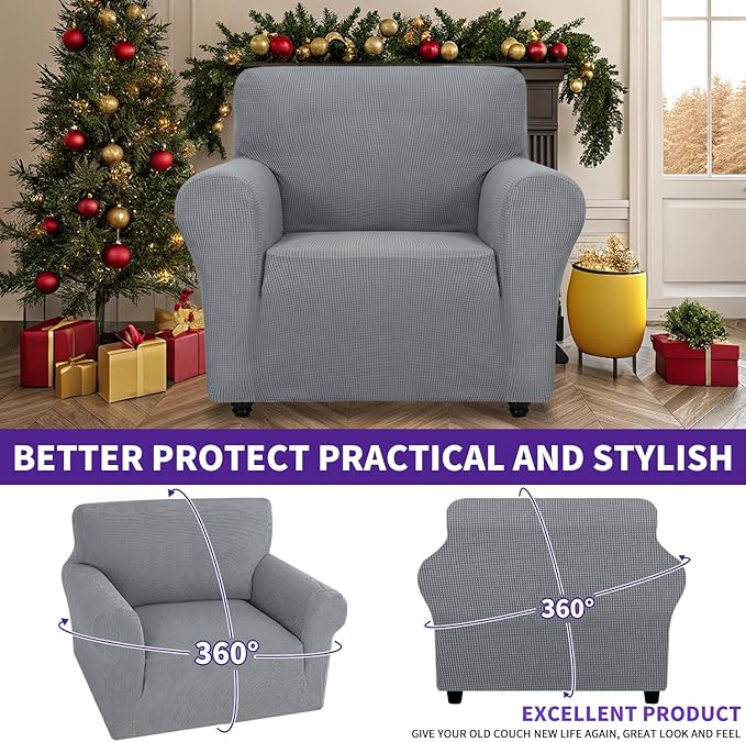 ZNSAYOTX Super Stretch Chair Slipcover Universal Sofa Chair Covers for Living Room Dogs Pet Furniture Protector Spandex Armchair Slipcovers with Anti Slip Foam Sticks (Light Grey, Chair)