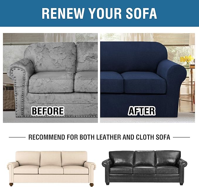 4 Piece Stretch Sofa Covers for 3 Cushion Couch Covers Furniture Slipcovers for Living Room (1 Base Cover Plus 3 Seat Cushion Covers) Thicker Jacquard Fabric Cover (XL Sofa, Navy)