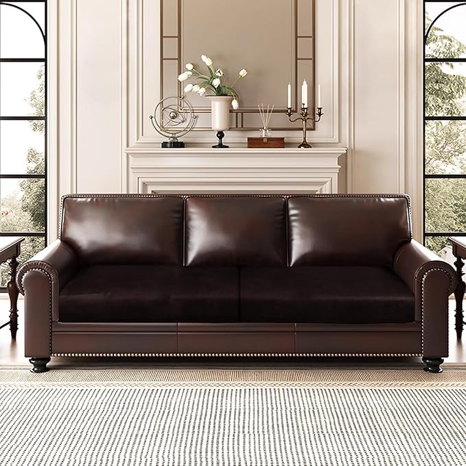 Leather Look Couch Cushion Covers Sofa Seat Slipcovers Sets Couches Furniture Protector for Sectional Armchair Loveseat Pets Kids Stretch Spandex Fabric (2 Cushion Sofa, Chocolate)