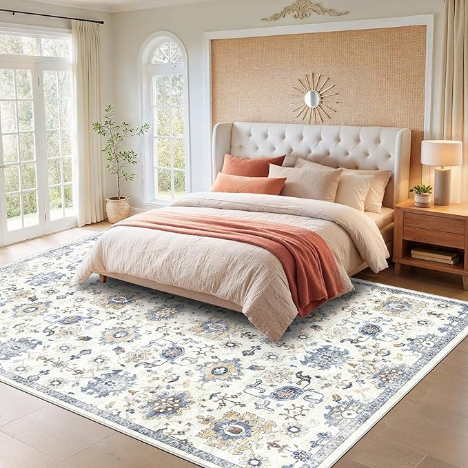 AMADA HOMEFURNISHING 5x7 Area Rugs, Washable Living Room Rug Low-Profile with Non-Slip Backing & Durable Edge Binding, Vintage 5x7 Rugs for Living Room, Bedroom, Dining Room
