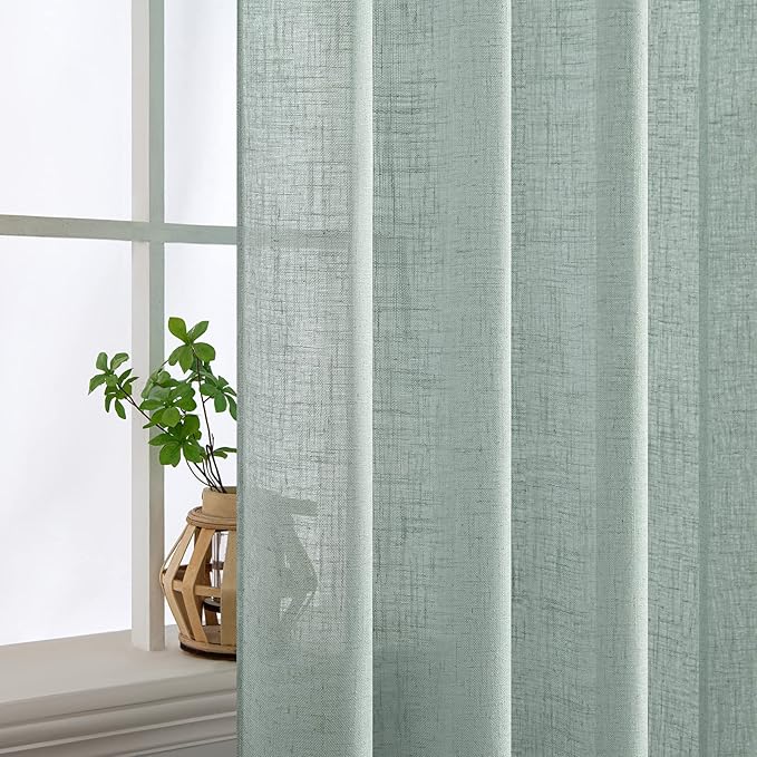 MIULEE Sea Green Linen Curtains 96 Inch Long for Bedroom Living Room, Soft Thick Linen Textured Window Drapes Semi Sheer Light Filtering Back Tab Rod Pocket Burlap Look Aqua Decor, 2 Panels
