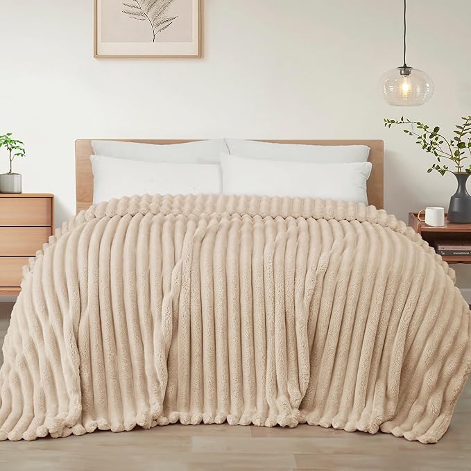 Exclusivo Mezcla Queen Size Flannel Fleece Blanket, Super Soft Striped Jacquard Bed Blanket, Lightweight Fuzzy Cozy for All Seasons, 90x90 Inches, Beige