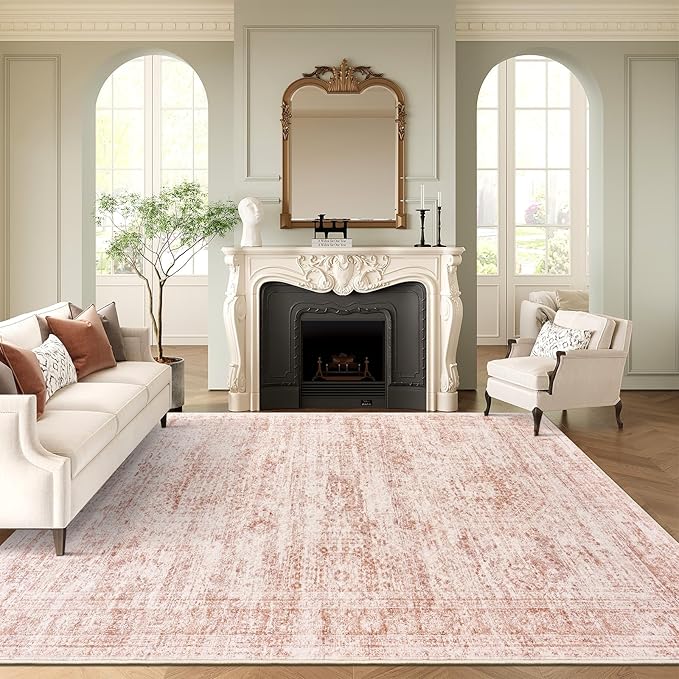 Soalmost 9x12 Area Rugs for Living Room, Non Slip Machine Washable Vintage Rugs, Low Pile Lightweight Large Rug for Bedroom, Dining Room, Home Office Pink