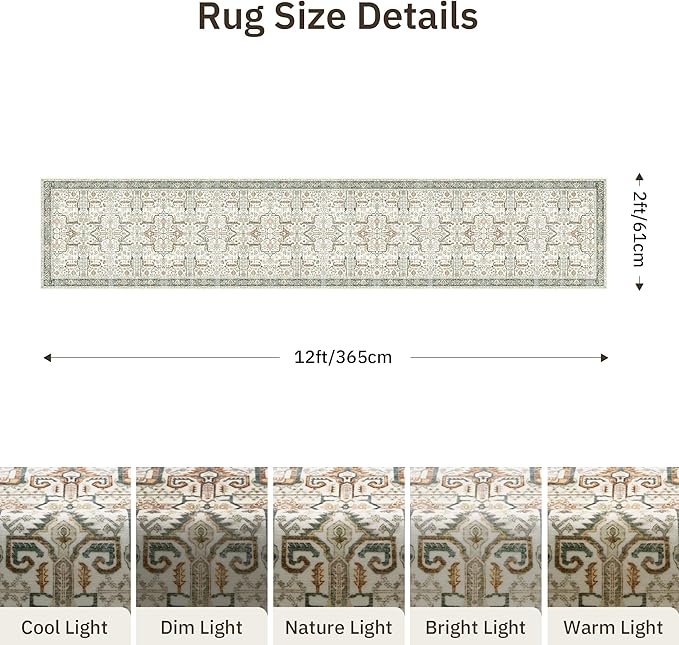 Hallway Washable Runner Rug 2x12 - Non Slip Vintage Kitchen Runner Rugs for Entryway Low-Pile Waterproof Long Runners for Living Room Bedroom Medallion Indoor Floor Mat for Bathroom Laundry Green