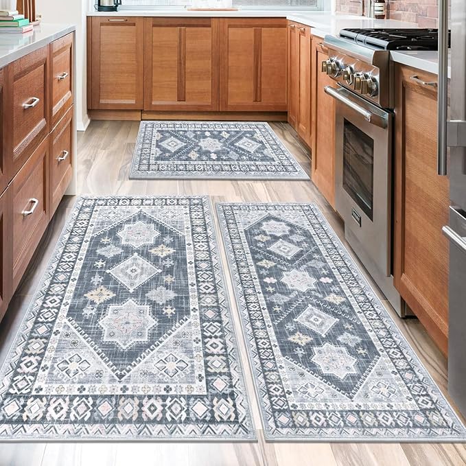 HEBE Boho Kitchen Rug Sets 3 Piece with Runner Non Slip Kitchen Rugs and Mats Washable Kitchen Mats for Floor Thick Kitchen Floor Mat Carpet Runner Rugs for Hallway Laundry Holiday Decor