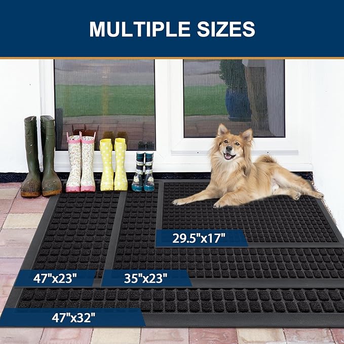 Smiry Front Door Mat Outside Entrance, Heavy Duty Natural Rubber Doormat, Non Slip, Trap Dirt and Moisture, Easy Clean, Low Profile Welcome Floor Mats for Indoor Outdoor Entry, 47x23 Inch, Black