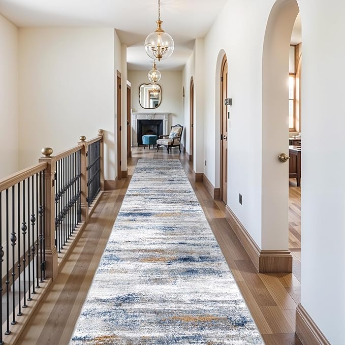 3x20 Washable Hallway Runner Rug: Extra Long Runners for Entryway Living Room Dining Room - Stain and Water Resistant Rugs with Non-Slip Backing - Soft Low-Pile Carpet 20ft Navy Grey