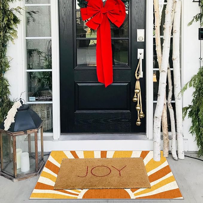 Front Door Mat Outside Entrance - 2x3 Boho Non-Slip Washable Doormat Indoor Outdoor Mat Orange Modern Retro Sun Entry Rug Small Throw Rugs for Entryway Bedroom Kitchen Front Porch Decor
