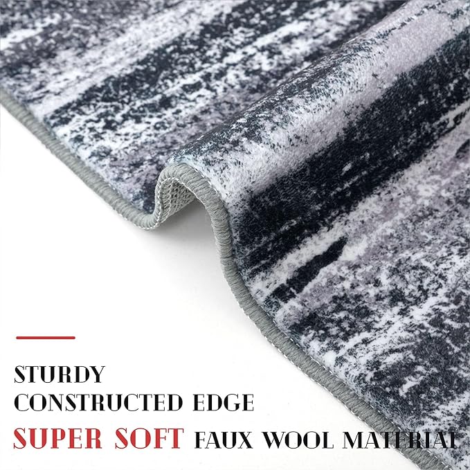 Lansny Modern Abstract Entryway Rug Indoor 2x3 Washable Rug Non-Slip Soft Small Area Rug Black Grey Kitchen Mats Thin Print Faux Wool Floor Carpet Throw Rugs for Entrance Bedroom