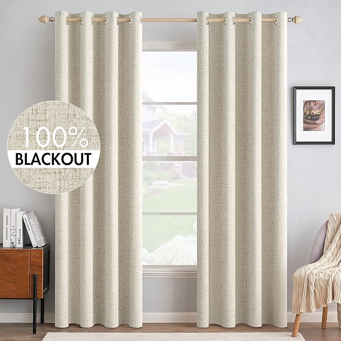 MIULEE 100% Blackout Linen Textured Curtains for Bedroom Solid Thermal Insulated Cream Grommet Room Darkening Curtains & Drapes Luxury Decor for Living Room Nursery 52 x 108 Inch (2 Panels)