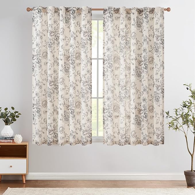 jinchan Linen Blend Curtain Floral Curtains for Living Room 63 Inch Length Black Printed Curtain Rod Pocket Back Tab Farmhouse Peony Flower Patterned Drapes Bedroom Window Curtains Set 2 Panels