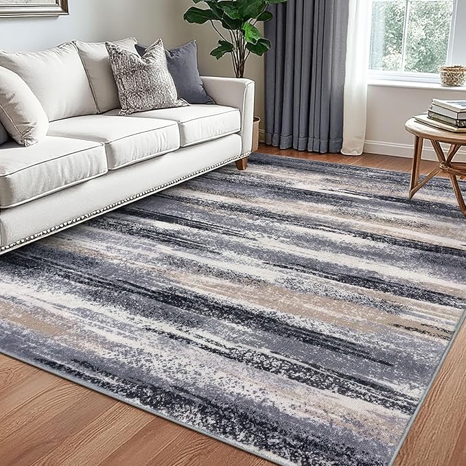 Lansny Modern Abstract 5x7 Machine Washable Area Rug Non-Slip Soft Bedroom Living Romm Rug Grey Black Multi Ultra Thin Print Faux Wool Floor Carpet Throw Rugs for Nursery Playroom Dining Room Indoor