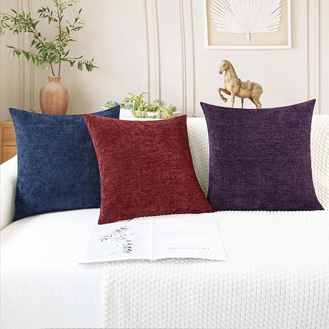 CaliTime Throw Pillow Covers Decorative 16 X 16 Inches Pack of 2 Cozy Chenille Cushion Cases for Couch Sofa Bed Living Room Home Plum Purple
