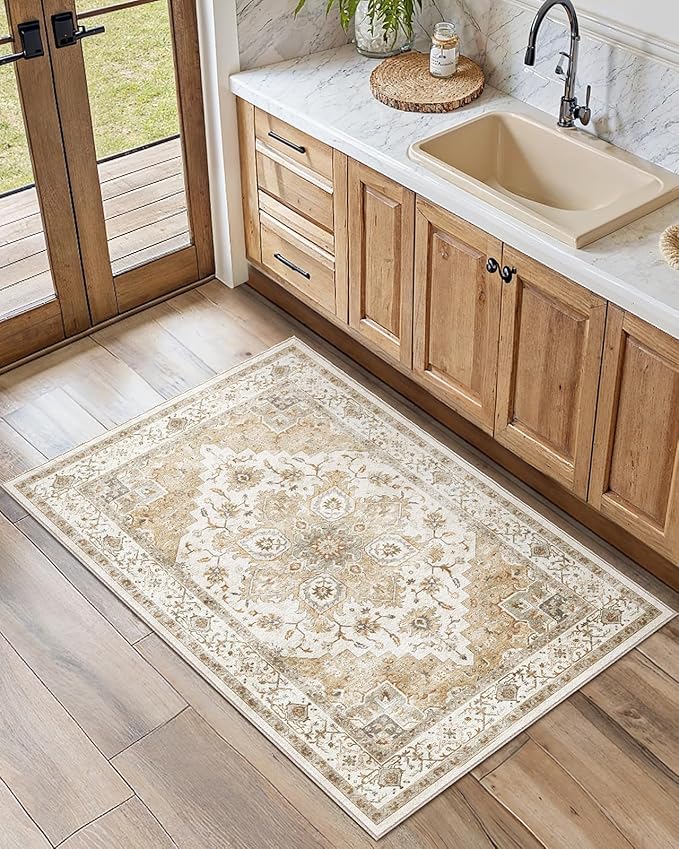 AMADA HOMEFURNISHING 2x3 Washable Area Rug, Low-Profile Entryway Rug with Non-Slip Backing & Durable Edge Binding, Vintage Rug Pattern, Small Rugs for Entryway, Kitchen & Living Room