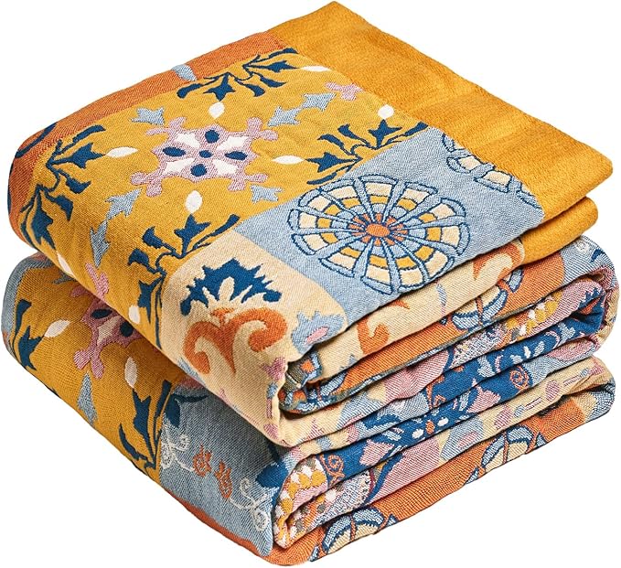 MSGKV Boho Throw Blanket for Bed 90"x108" 100% Cotton Blanket Spring Breathable Lightweight King Size Blankets Home Decor Muslin All Seasons