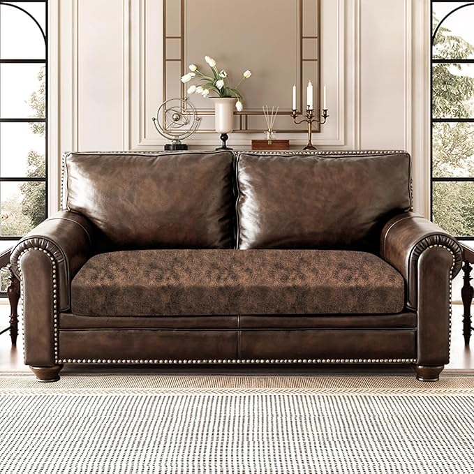 Leather Look Couch Cushion Covers Sofa Seat Slipcovers Sets Couches Furniture Protector for Sectional Armchair Loveseat Pets Kids Stretch Spandex Fabric (1 Cushion Loveseat, Dark Brown)
