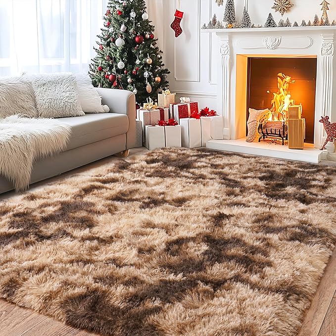 Pionblank Large Area Rug for Living Room 6x9 Feet, Modern Soft Shag Brown Rug, Plush Fuzzy Carpet for Bedroom Girls Boys Room Home Nursery Teens Dorm Decor, Tie-Dyed Coffee