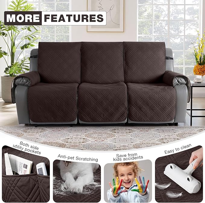 TAOCOCO 100% Waterproof Recliner Sofa Cover Non Slip Couch Cover for 3 Seat Reclining Sofa, Split Reclining Couch Covers 3-Piece with Straps, Washable Sofa Slipcover for Kids Pets(3 Seater, Chocolate)