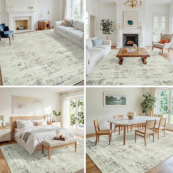 8x10 Area Rugs for Living Room Washable Rug: Anti-Skid Abstract Modern Living Room Rug Soft Thin Carpets Indoor Floor Non-Shedding Carpet for Bedroom Dining Farmhouse Nursery Gray White Blue