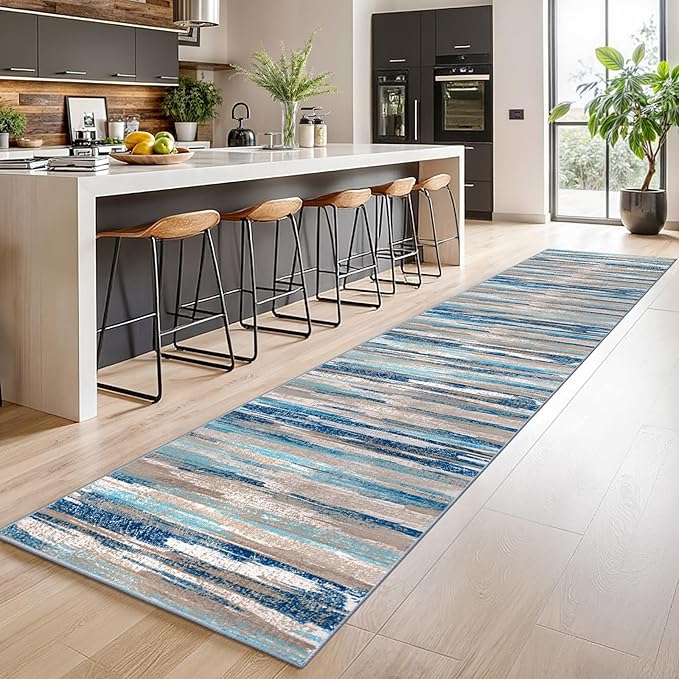 Lansny Modern Abstract Runner Rug 2.6x14, Blue Washable Long Kitchen Runner Non-Slip Soft Hallway Rug Runner Thin Print Faux Wool Carpet for Entryway Bedroom Laundry Room Indoor Home Decor