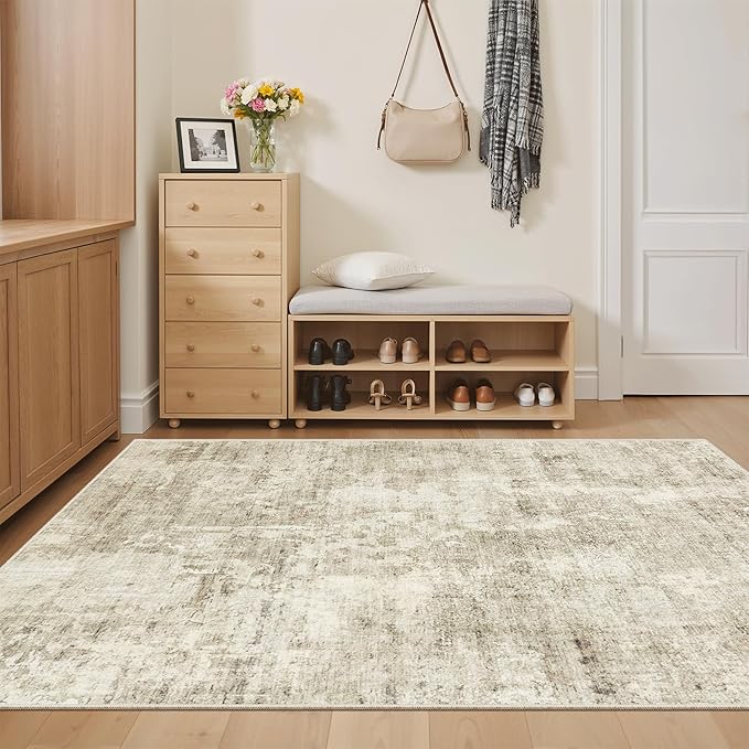 4x6 Area Rugs for Living Room, Vintage Washable Rugs for Dining Room, Bedroom, Home Office Decor, Non-Slip Beige/Gray Carpet Thin Rug