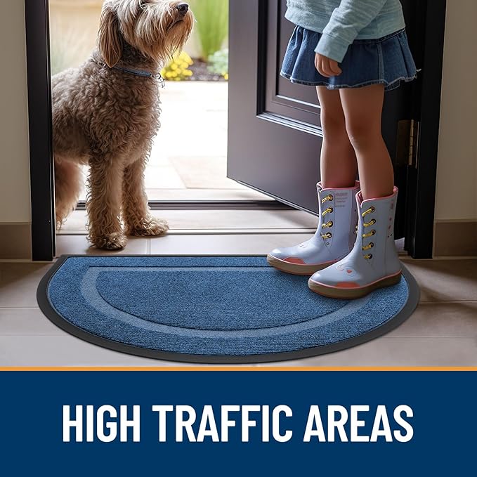 OLANLY Half Circle Door Mat Indoor Outdoor Entrance Welcome, Waterproof All-Season, All-Weather Doormat, Sturdy Natural Rubber, Low Profile, Easy Clean Patio Porch Entryway Mat, 58x23, Light Blue