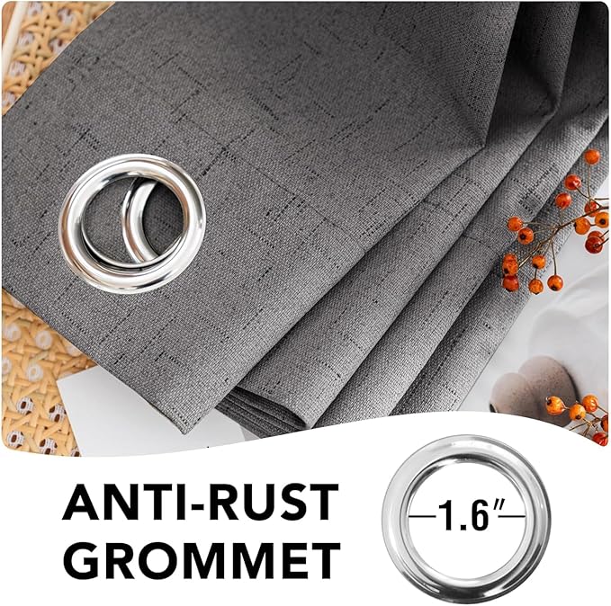 H.VERSAILTEX Linen Curtains 100% Blackout Curtains for Bedroom 90 inch Long Full Light Blocking Nature Linen Blended Window Curtains for Living Room Nickel Grommet (2 Panels, Grey)