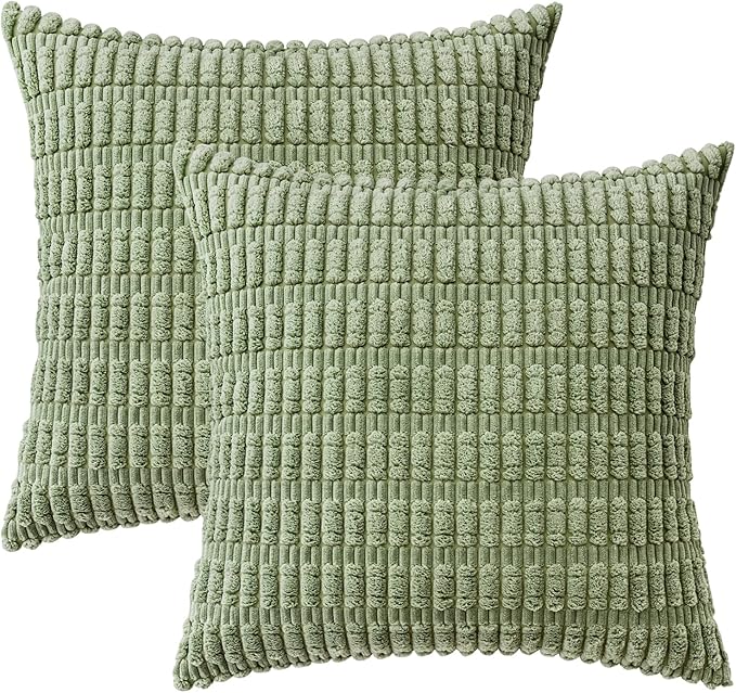 MIULEE Pack of 2 Spring Corduroy Decorative Throw Pillow Covers 18x18 Inch Soft Boho Striped Pillow Covers Modern Farmhouse Home Decor for Summer Sofa Living Room Couch Bed Sage Green