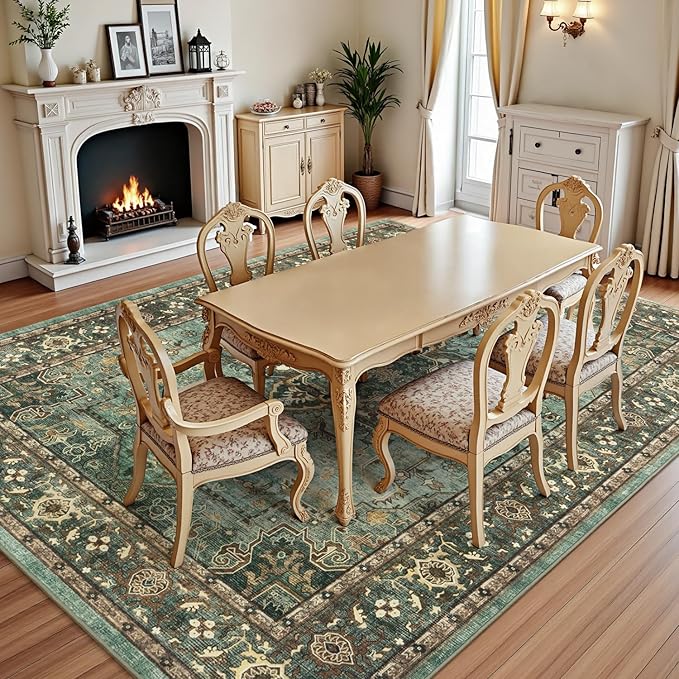 Lofus 9x12 Area Rugs for Living Room, Washable Area Rug, Rugs for Bedroom, Kitchen, Vintage Boho Carpet, Soft Non-Slip, Low Pile Large Area Rug for Office Dining Room, Green