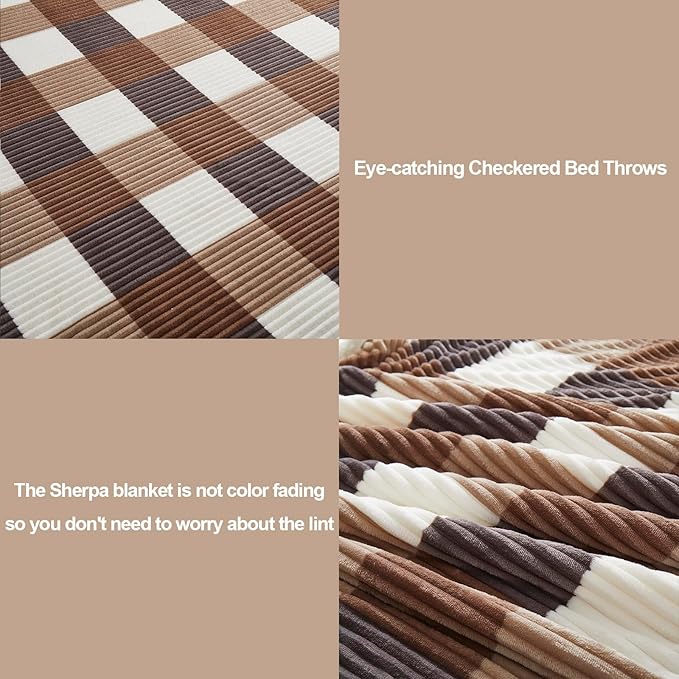 PU MEI Sherpa Blanket Twin Plaid Thick Bed Blanket, 60”*80” Super Soft Flannel Fuzzy Fleece Reversible Velvet Plush Warm Blanket for Couch (Beige Check, 60"*80")