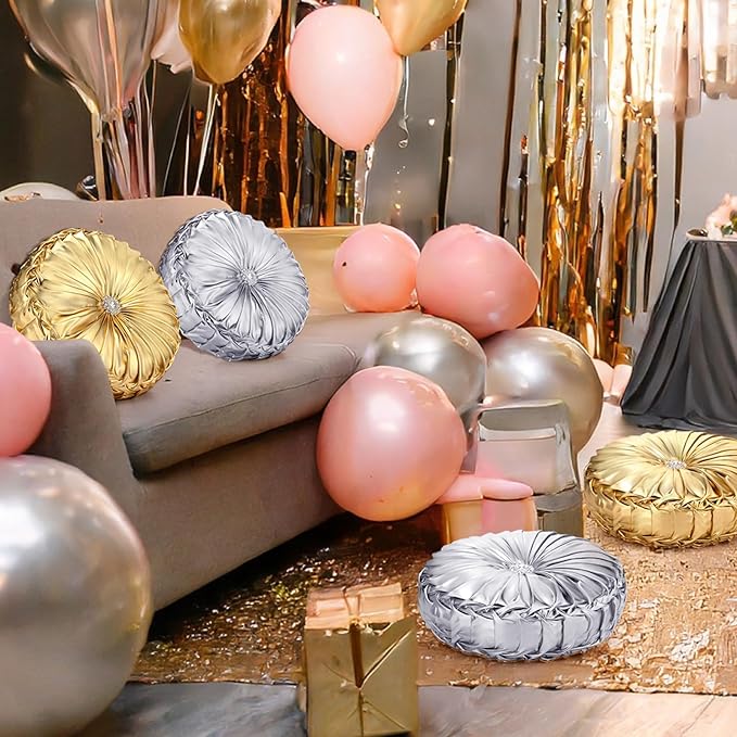 Kathfly Set of 4 Decorative Round Pleated Throw Pillows, Classy Velvet Pumpkin Round Throw Pillows, Decorative Floor Pillow for Bed Chair Home Sofa Decor, 14" Diameter(Gold and Silver)