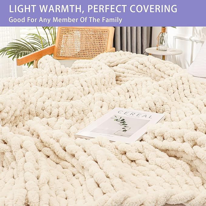 Bigacogo Chunky Knit Throw Blanket for Couch, 80x90 inches, 100% Hand Knitted with Thick Jumbo Chenille Yarn, Cozy Soft Large Rope Knot Cable Crochet Blankets for Sofa Bed Living Room, Beige