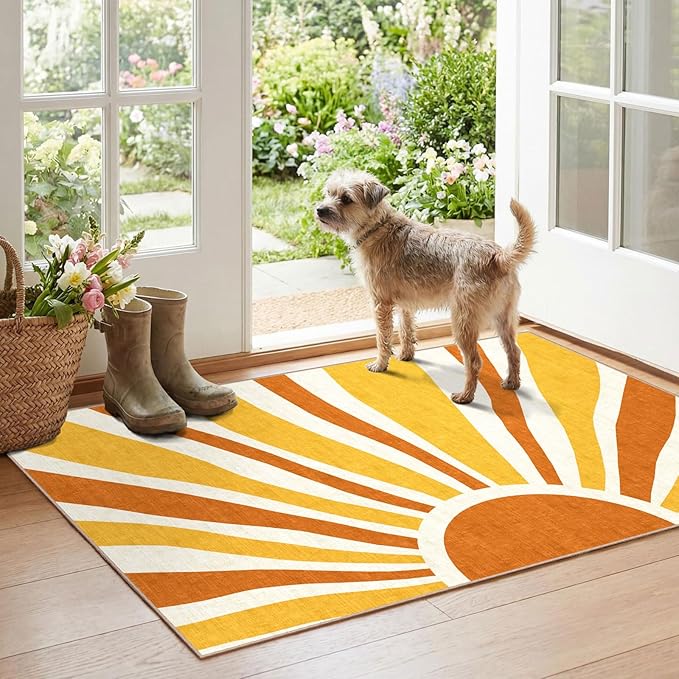 Boho Outdoor Rug - 28" x 43" Front Door Mat Indoor Outside Entrance Non-Slip Washable Outdoor Mat Orange Entry Rug for Entryway Entrance Kitchen Bedroom Layered Doormat for Front Porch Decor