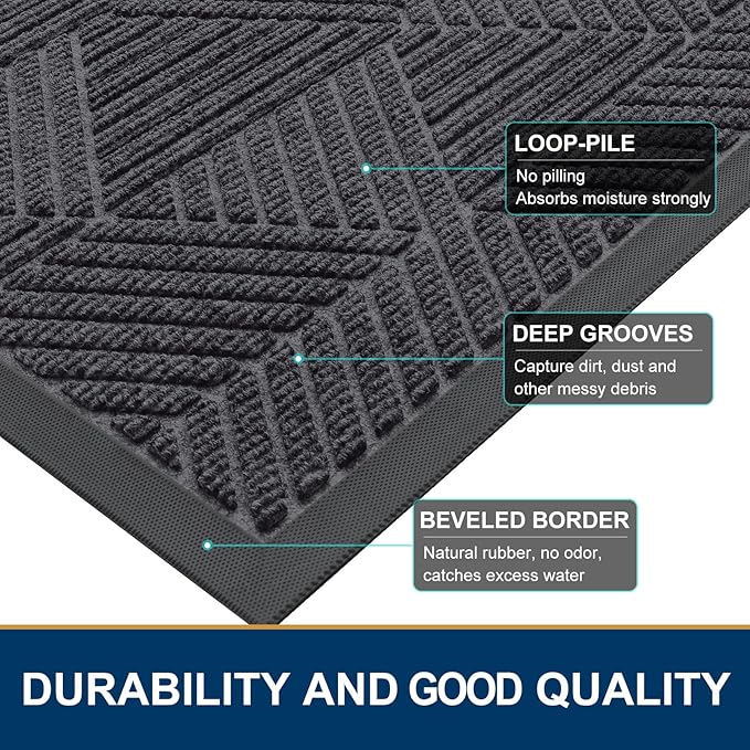 Smiry Front Door Mat Outside Entrance, Heavy Duty Sturdy Natural Rubber Doormat, Trap Dirt and Moisture, Easy Clean Low Profile Welcome Floor Mats for Indoor Outdoor Entry, 35X23 Inch, Medium Grey