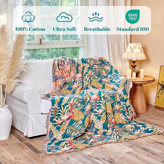 MSGKV Boho Throw Blanket for Couch 50"x60" 100% Cotton Jungle Animal Blanket Spring Breathable Lightweight Blankets for Sofa Home Decor Muslin All Seasons
