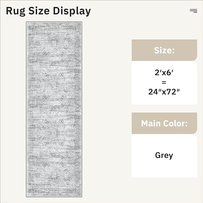 Runner Rug 2'x6' Washable Non-Slip Runner Rugs for Kitchen Bathroom Laundry Room Grey Vintage Floor Carpet Runners for Hallway Entryway