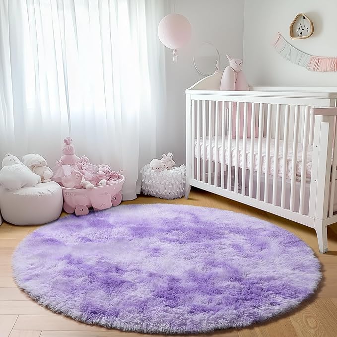 ONASAR Tie-Dyed Purple Round Area Rug 4ft, Soft Bedroom Circle Rugs Floor Mats for Kids Girls Teen Room, Kawaii Fluffy Plush Shaggy Carpet for Baby Nursery Living Room Playroom Home Decor